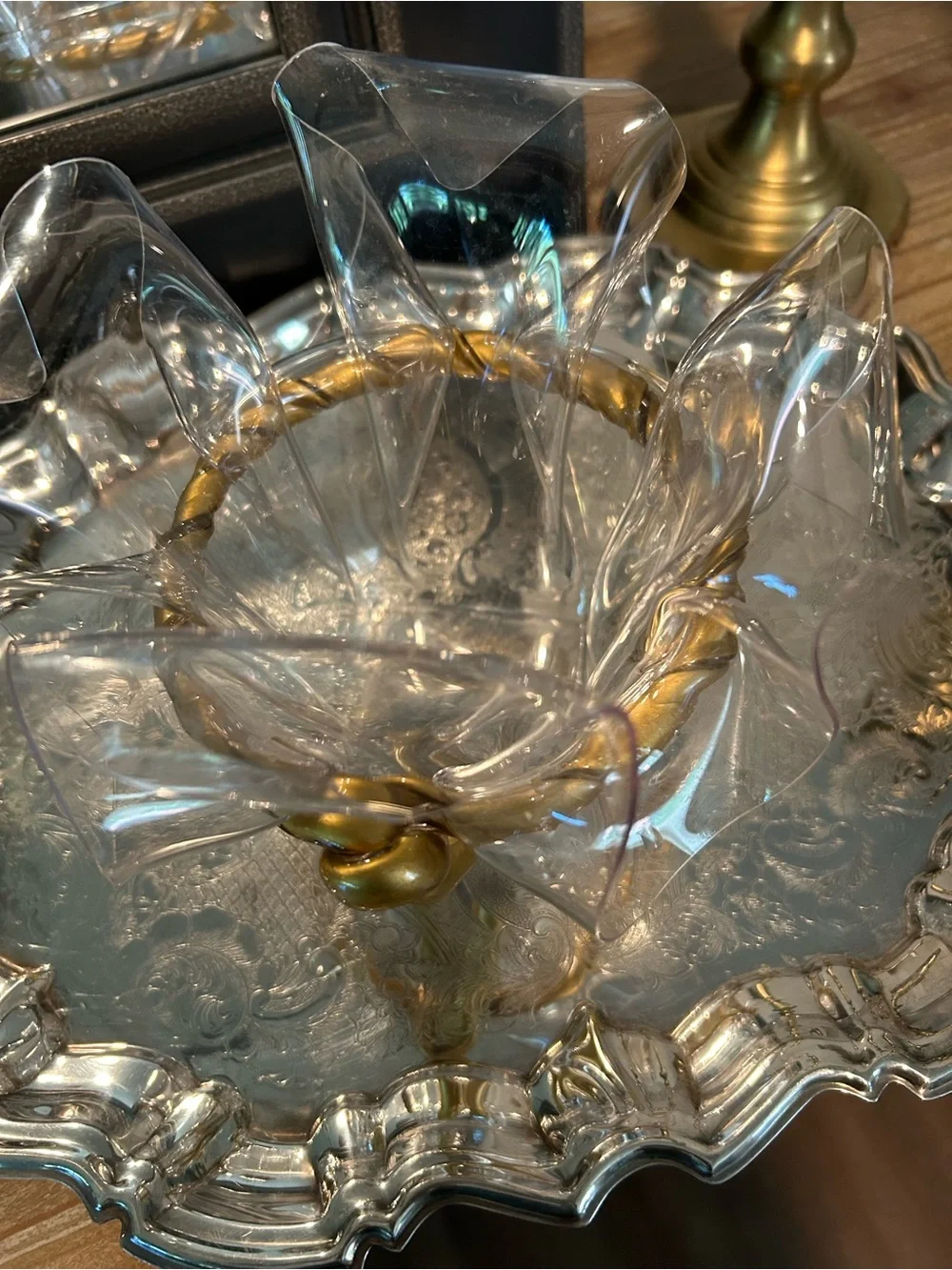 1970s Clear Lucite Handkerchief Vase With Gold Gilt Rope
